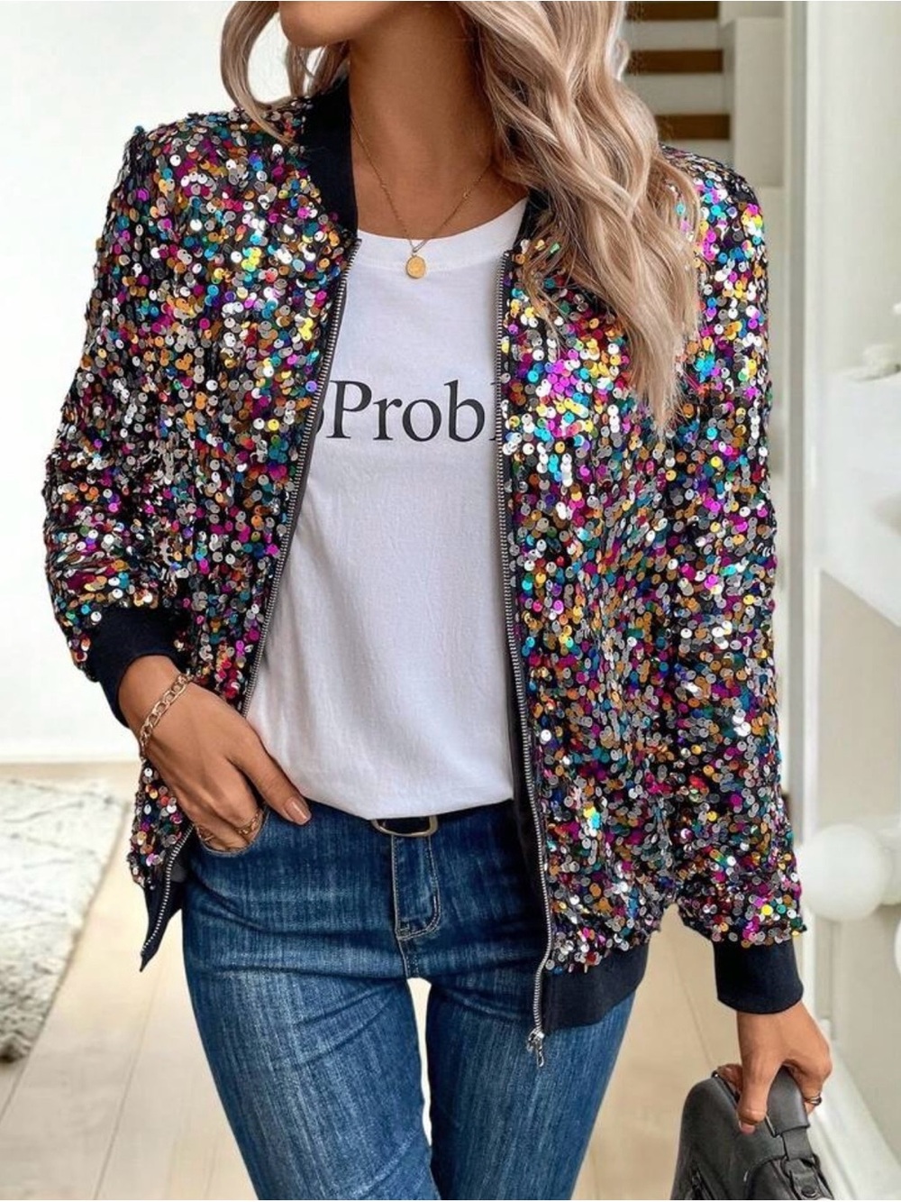 SHEIN Multicolor Sequin Bomber Jacket with Black Trim